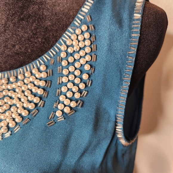 Sweet Rain Sleeveless Midi Dress S Beaded Accents Elastic Waist Teal Feminine - Picture 6 of 8